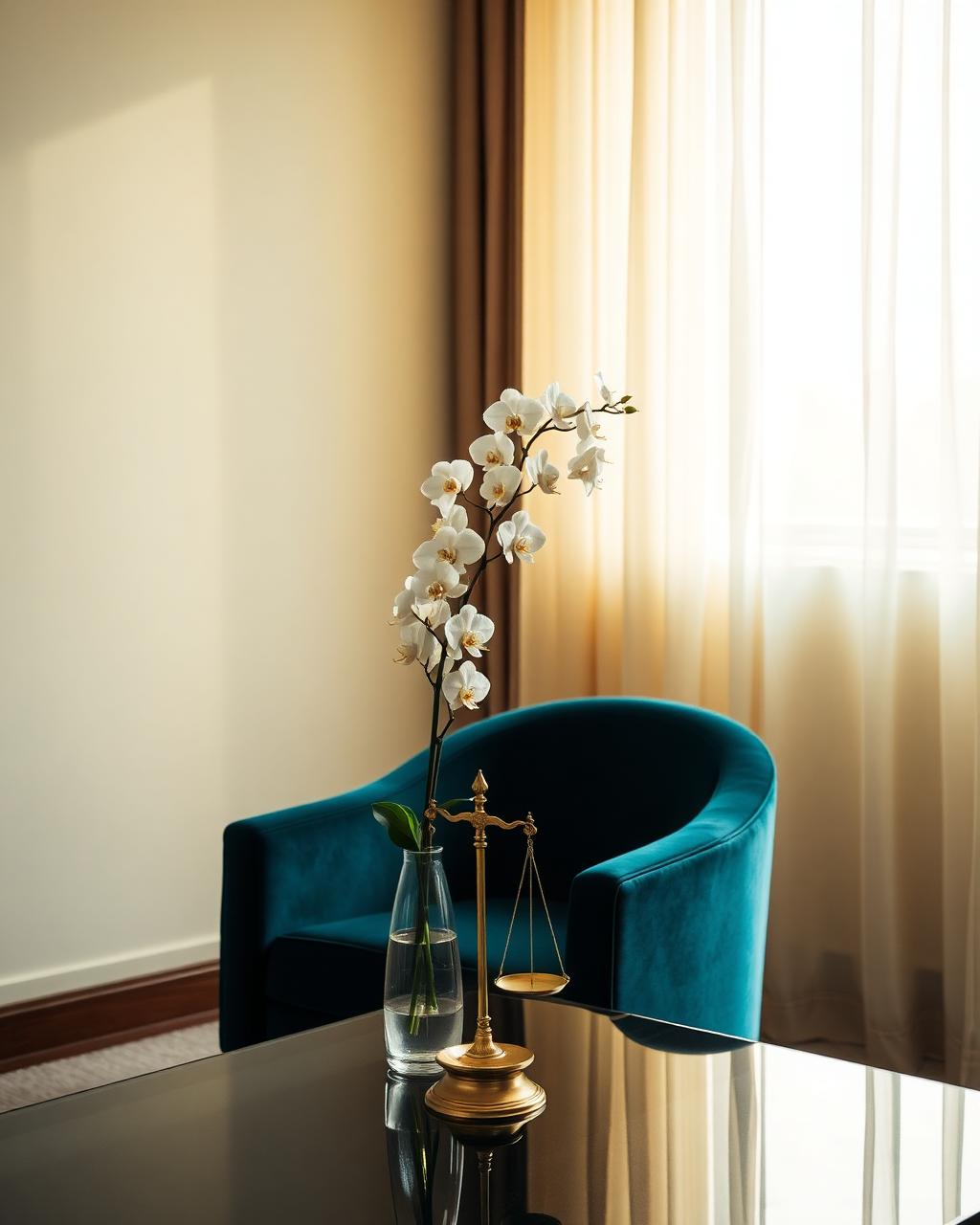 Refined law office interior with orchids and brass scales